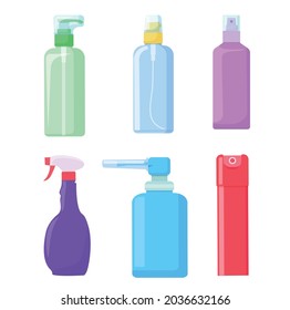 A set of plastic multi-colored bottles with a dispenser. Containers for liquid and gaseous substances with a spray gun. Vector illustration.