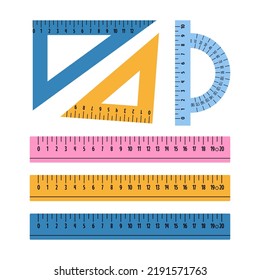 Set of plastic multicolored rulers of different lengths: 10, 15 and 20 centimeters or inches. School measuring ruler, triangle, protractor. Vector illustration in a flat style.