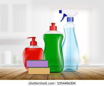 Set of plastic packaging with detergent for cleaning. Wooden table in the kitchen.
Background for advertising. Stock vector illustration.