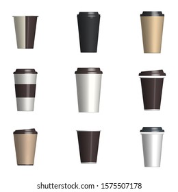 Set of plastic and paper coffee cups of different shapes isolated on a white background. Front view, vector illustration.