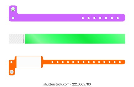 Set of plastic and paper event bracelets. Admission wristband template for concert, festival, cinema, party, carnival, exhibition entrance. Patient identification handband mockup. Vector illustration