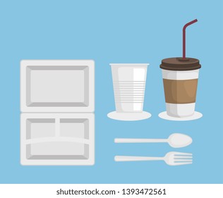 set of plastic plate with cups and spoon with fork over blue background