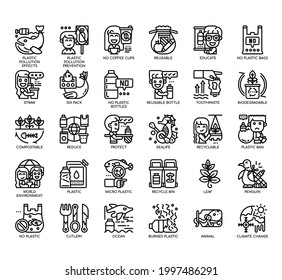 Set of Plastic Pollution thin line and pixel perfect icons for any web and app project. 