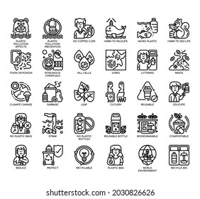 Set of Plastic Pollution thin line and pixel perfect icons for any web and app project. 