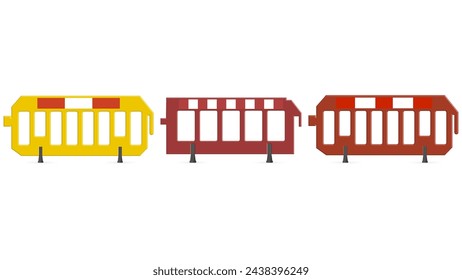 Conjunto de barreras de carretera portátiles de plástico aisladas sobre un fondo blanco. Vista frontal, ilustración vectorial.