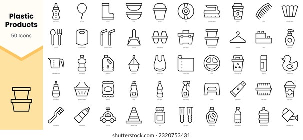 Set of plastic products Icons. Simple line art style icons pack. Vector illustration