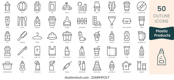Conjunto de iconos de productos plásticos. Iconos de estilo lineal delgado Empaquetar. Ilustración vectorial