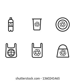 A set of plastic products with a mark of recycling.