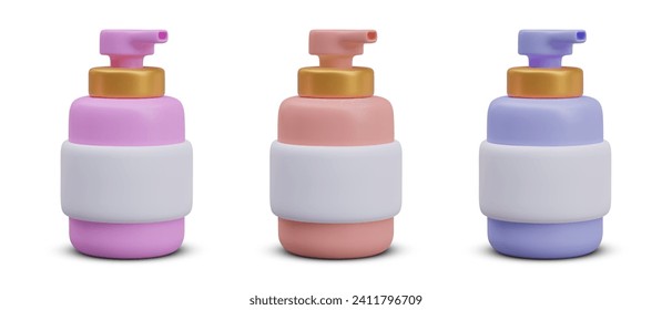 Set of plastic pump bottles with dispensers. Cute packaging for liquid care products. Premium cosmetics. Vector 3D models of different colors. White labels, mockup