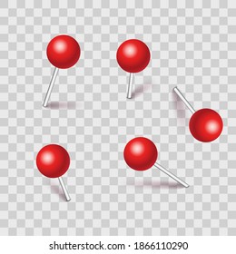 Set of plastic pushpins; pins with shadow isolated on transparent background. Vector Illustration.