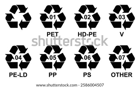 Set of plastic recycling code symbol icon set. Set of plastic recycling code symbol icon PET, PE-HD, V, PE-LD, PP, PS, O. Plastic recycling code 01-07 icon set. plastic, recycle, vector, icon.