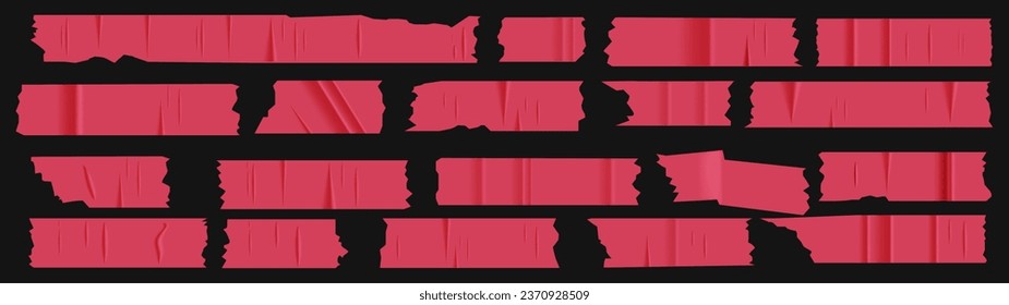 A set of plastic red pieces of torn scotch tape. Trendy elements for designs with realistic texture. Vector patches on transparent background.  