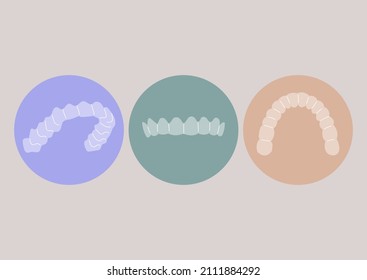 A set of plastic removable dental aligners, invisible braces technology, teeth straightening, whitening, and grinding protection