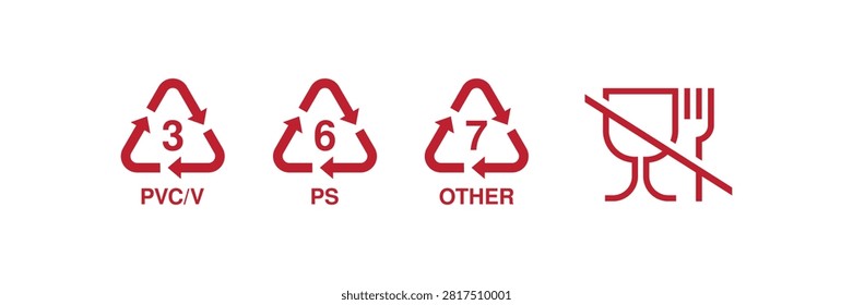 Set of plastic resin identification symbols featuring PVC, PS and OTHER recycling codes with a crossed glass and fork icon indicating unsuitable food contact. Ideal for packaging labels, plastic classification, recycling guides, waste sorting, manufacturing, and material safety information.