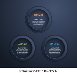 Set of plastic ring banners over dark background for business design, reports, number options, infographics, step presentation, websites, progress or workflow layout. Clean and modern style