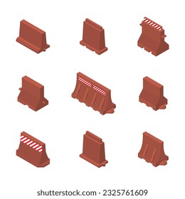Set of plastic road barriers with a markup, isolated on white background. Flat 3D isometric style, vector illustration.