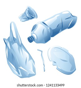 Set of plastic rubbish bottle, bag, plate, cup and tube, isolated on white, ecological problem concept of using plastic bags, plastic waste environmental pollution illustration