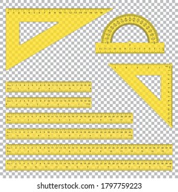 A set of plastic rulers with shadow on a transparent background. School supplies. Triangle ruler, protractor.Yellow lines 20; 30; 40 cm and 8; 12;15 inches. Metric and inch measuring scale. Vector.