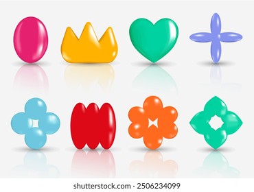 Set of plastic shapes in 3d cartoon design. Fun, cheerful plastic glossy shapes like hearts, crowns and more are featured in this collection and convey a sense of playfulness. Vector illustration.