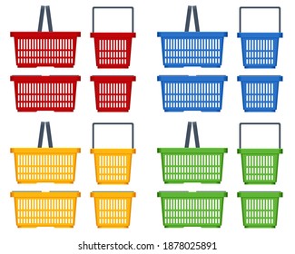 Juego de canastos de plástico para comprar sobre fondo blanco. Red, amarillo, azul, verde cestas de compras de plástico Vista lateral