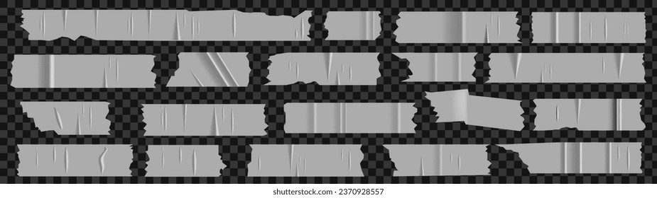 A set of plastic silver torn scotch tape pieces. Trendy elements for designs with realistic texture. Vector patches on transparent background.  