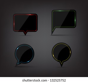 Set of plastic speech bubbles buttons / icons with shiny neon lights, glossy and modern design for websites (UI) or applications (app) for smartphones or tablets