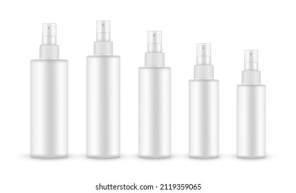 Set of Plastic Spray Bottle Mockup With Transparent Cap, Various Sizes. Vector Illustration