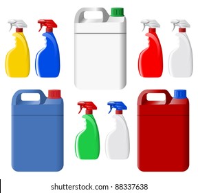 Set of plastic spray bottles and canisters