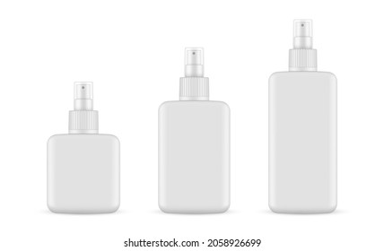 Set of Plastic Spray Bottles Mockups with Transparent Cap, Isolated on White Background. Vector Illustration