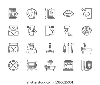 Set of Plastic Surgery Line Icons. Anesthesia Equipments, Surgeon, Liposuction, Rhinoplasty, Blepharoplasty, Hospital Operation Table, Electrocardiograph and more. Pack of 48x48 Pixel Icons