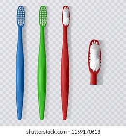 Set plastic toothbrush, the top view, realistic toothbrush on a transparent background. Vector illustration
