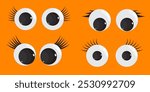 A set of plastic toy eyes. Glossy, bulging, puppet eyes. Cute, round, vector, isolated elements. Look down, up, left, right. Different, shaking, silly, hilarious pairs of eyeballs.