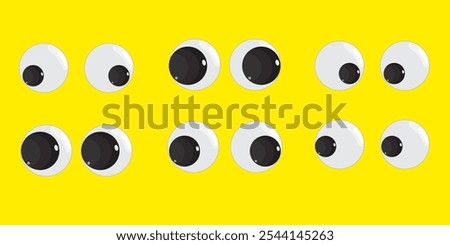 A set of plastic toy eyes. Glossy, bulging, puppet eyes. Cute, round, vector, isolated elements. Look down, up, left, right. Different, shaking, silly, hilarious pairs of eyeballs.