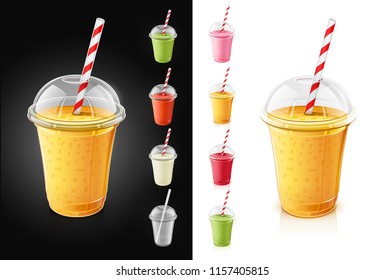 Set of plastic transparent cups with pipe for smoothie. Fresh drinks. Collection Mint, strawberry, tomato, orange smoothies. Mug of fruity organic shake. Fruit cocktail. Vector illustration.