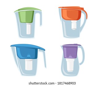 Conjunto de jarra de agua transparente de plástico con filtro de agua reemplazable ilustración vectorial plana aislada en fondo blanco