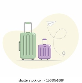 Set of plastic travel suitcases and paper plane with pallet path, vector illustration. For printing on flyers and booklets, leaflets.