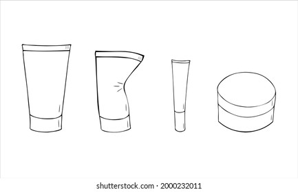 A set of plastic tubes of cosmetics - cream or gel, different shapes and sizes, new and used crumpled on the side. Isolated vector illustration, simple cartoon line art.