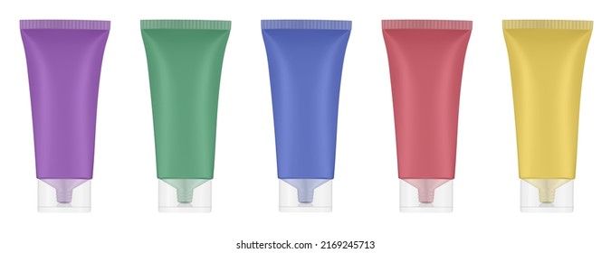 Set aus Kunststoffröhren mit transparenten Kappen. Violett, blau, grün, gelb und rot. Handcreme, Maske oder Lotion. Professionelles Shampoo. Regenbogenpalette