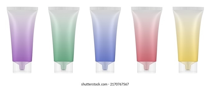 Set of plastic tubes with transparent caps. Purple, blue, green, yellow and red colors. Hand cream, mask or lotion. Gradient colors. Rainbow palette