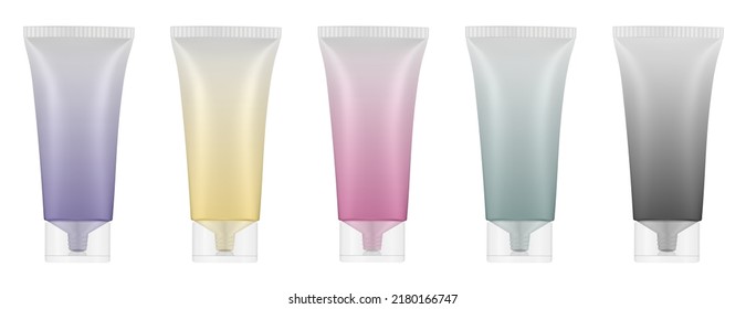 Set of plastic tubes with transparent caps. Purple, yellow, green, pink and black colors. Hand cream, mask or lotion. Gradient colors. Rainbow palette