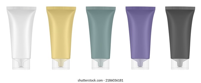 Set of plastic tubes with transparent caps. Purple, white, green, yellow and black colors. Hand cream, mask or lotion. Professional shampoo