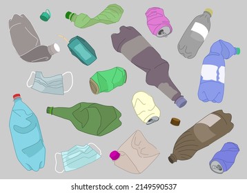 Set with plastic waste, crumpled plastic bottles and used masks. The concept of saving the planet and collecting plastic waste for recycling.