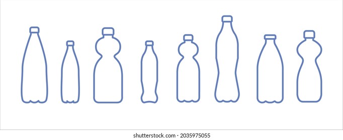 Un conjunto de botellas de agua de plástico. Un conjunto de iconos lineales delgados azules. Iconos. tipos de botellas PET El contorno del frasco. Los símbolos de menú. Reciclar el plástico. Ilustración vectorial con un contorno plano.