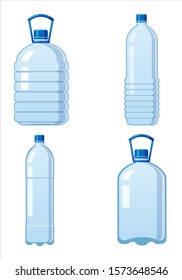 Set plastic water bottles icon empty liquid container drink with screw cap for beverage drinking mineral water. Mockup template, vector cartoon style illustration isolated on white background