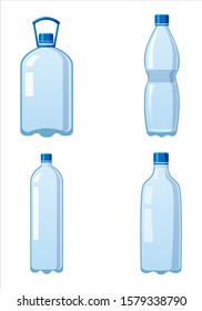 Set plastic water bottles icon empty liquid container drink with screw cap for beverage drinking mineral water. Mockup template, vector cartoon style illustration isolated on white background