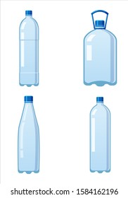 Set plastic water bottles icon empty liquid container drink with screw cap for beverage drinking mineral water. Mockup template, vector cartoon style illustration isolated on white background