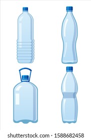 Set plastic water bottles icon empty liquid container drink with screw cap for beverage drinking mineral water. Mockup template, vector cartoon style illustration isolated on white background