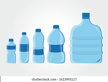Set plastic water bottles icon empty liquid container drink with screw cap for beverage drinking mineral water. Mockup template, vector cartoon style illustration isolated on white background