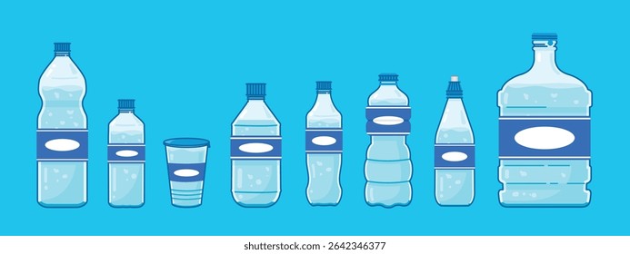 Conjunto de garrafas plásticas de água em várias formas e tamanhos, água potável azul saudável embalada em garrafas, reciclável e fácil de armazenar líquidos.