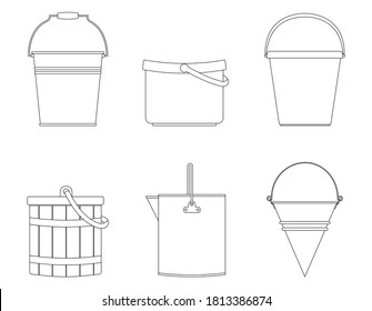 Set of plastic, wooden, metal buckets line style icons isolated on white background. Vector illustration for any design.